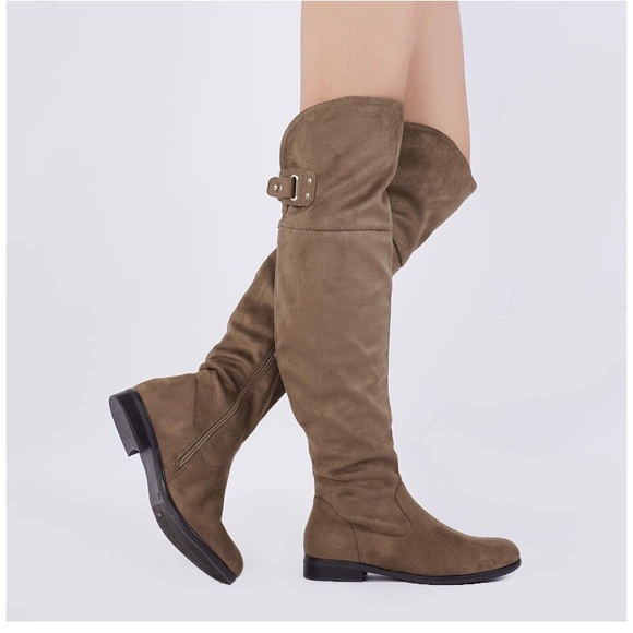 Khaki Suede Over The Knee Thigh High Winter Boots - Picture 2 of 6